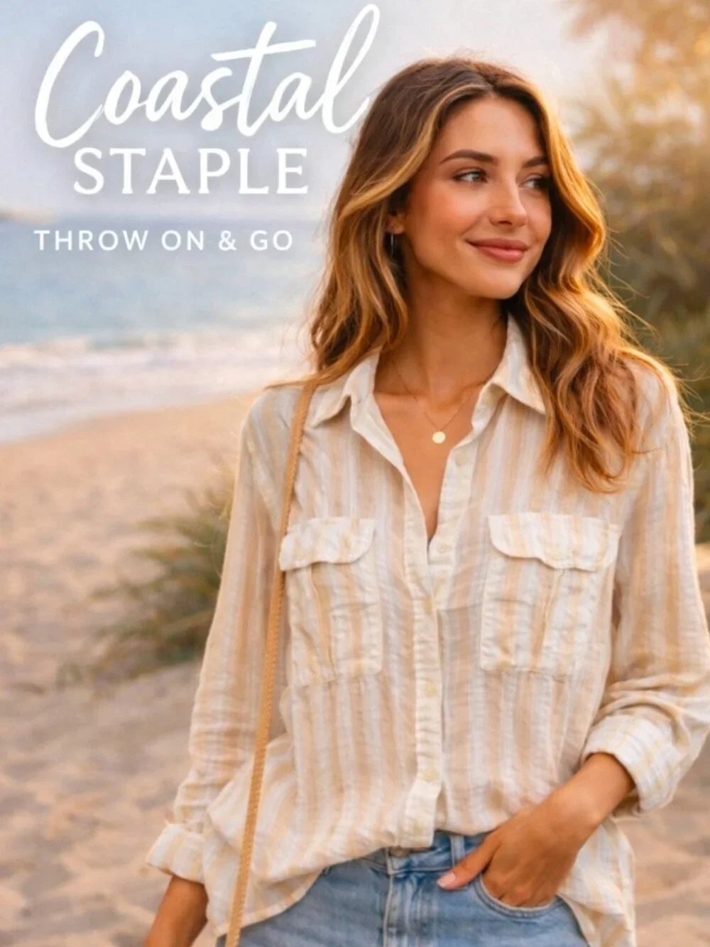 Beige Striped Button Down Shirt Lightweight Cotton Coastal Boho Oversized Top M